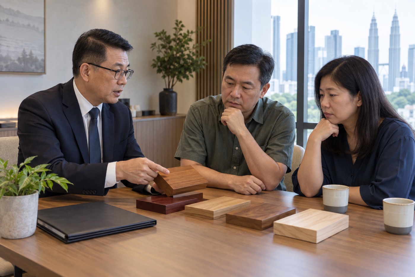 马来西亚华人家庭向殡葬顾问了解棺木材料示意图